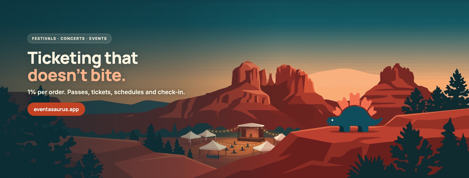 Eventasaurus cover art: a stegosaurus above a festival among red rocks