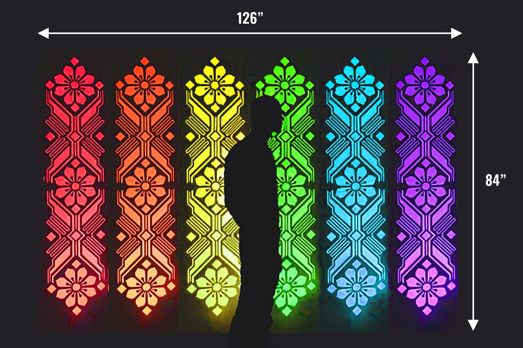 Six lit Playa Pillars, 126 by 84 inches