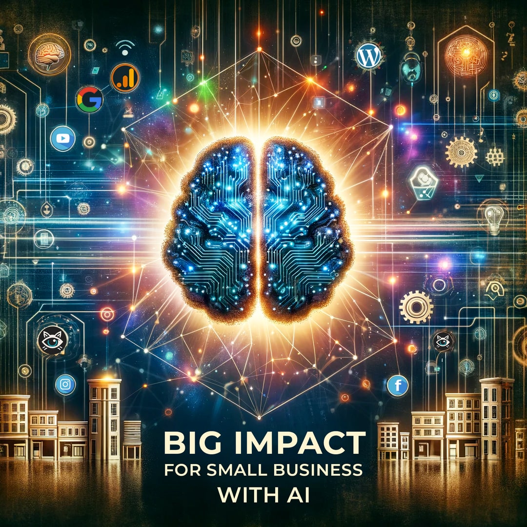 A creative and eye-catching graphic for the theme 'Big Impact for Small Businesses with AI', without featuring any people. This image should include a central, visually striking symbol representing AI - such as a brain made of digital circuits. Surrounding this are various small business elements like miniature buildings, graphs, and gears, all interconnected with glowing digital lines and nodes. The background is dynamic and tech-inspired, with circuit patterns and AI-related icons subtly integrated. The phrase 'Big Impact for Small Businesses with AI' is displayed prominently in a bold, futuristic font, emphasizing the transformative power of AI in business.